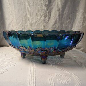 Vintage Indiana Carnival Glass Footed Fruit Bowl Harvest Grape Blue Iridescent